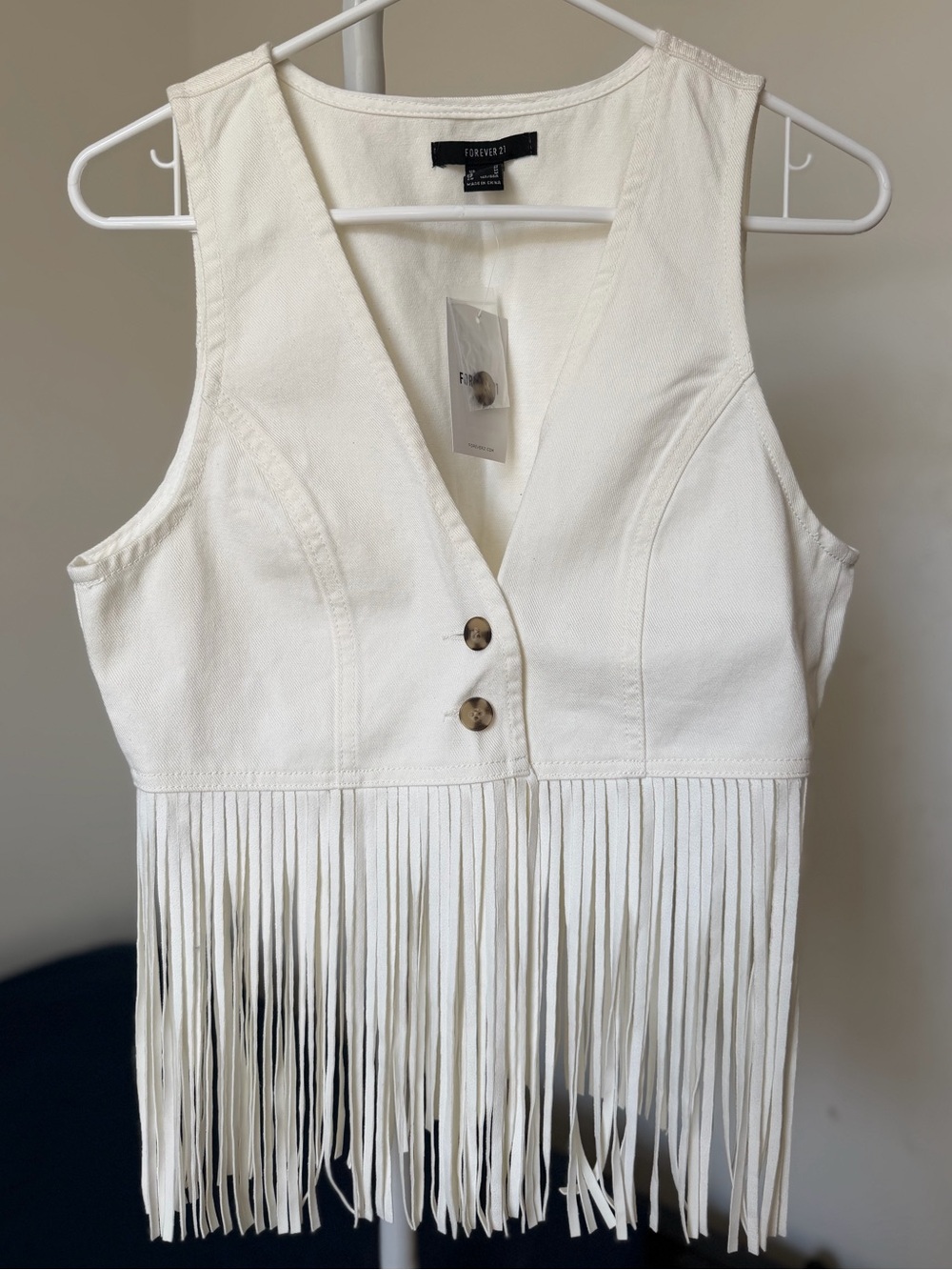 Forever 21 White Denim & Fringe Crop Vest